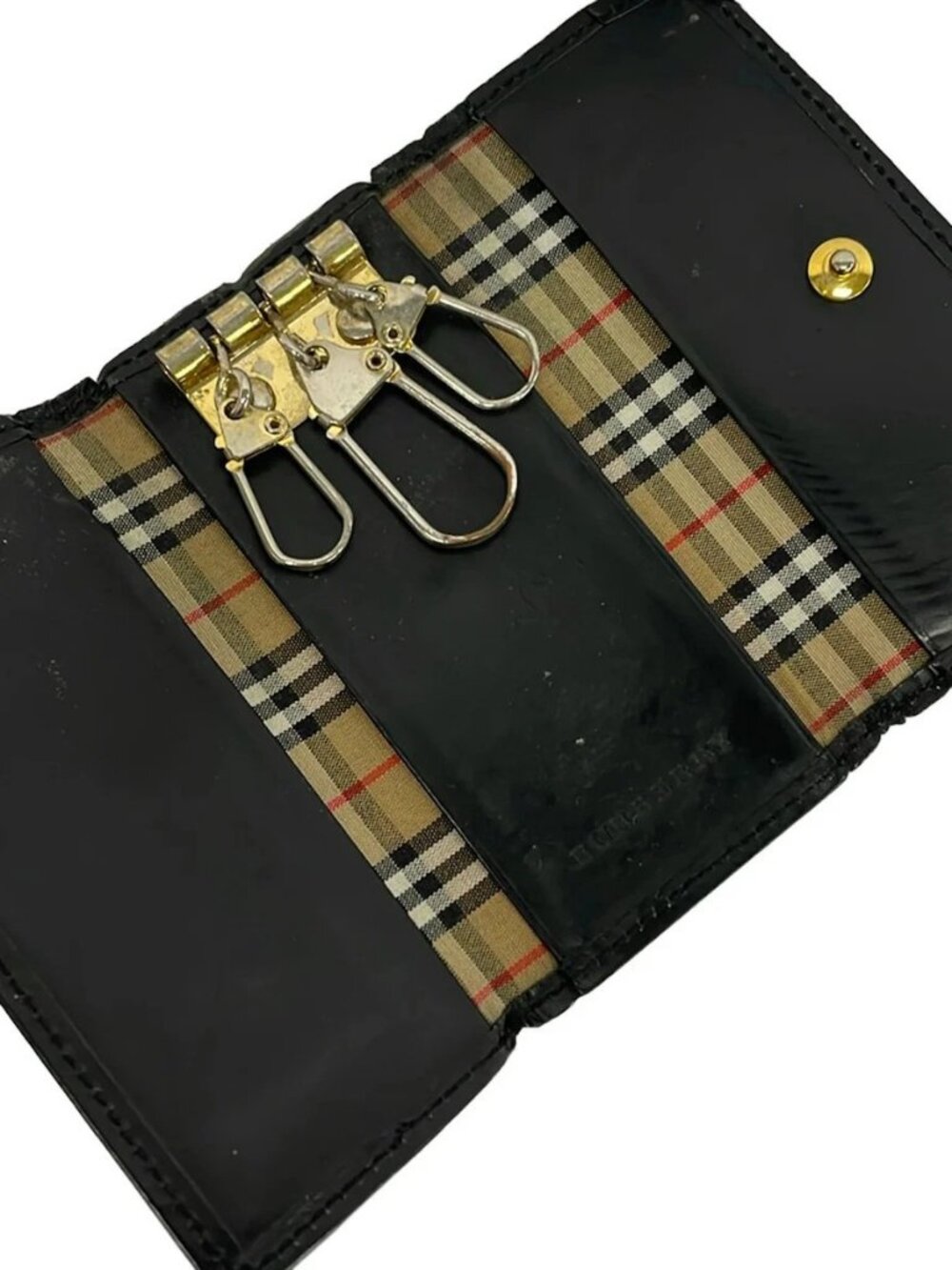 Burberry Black Beige Leather Cotton Hardware Key Case - Picture 3 of 6